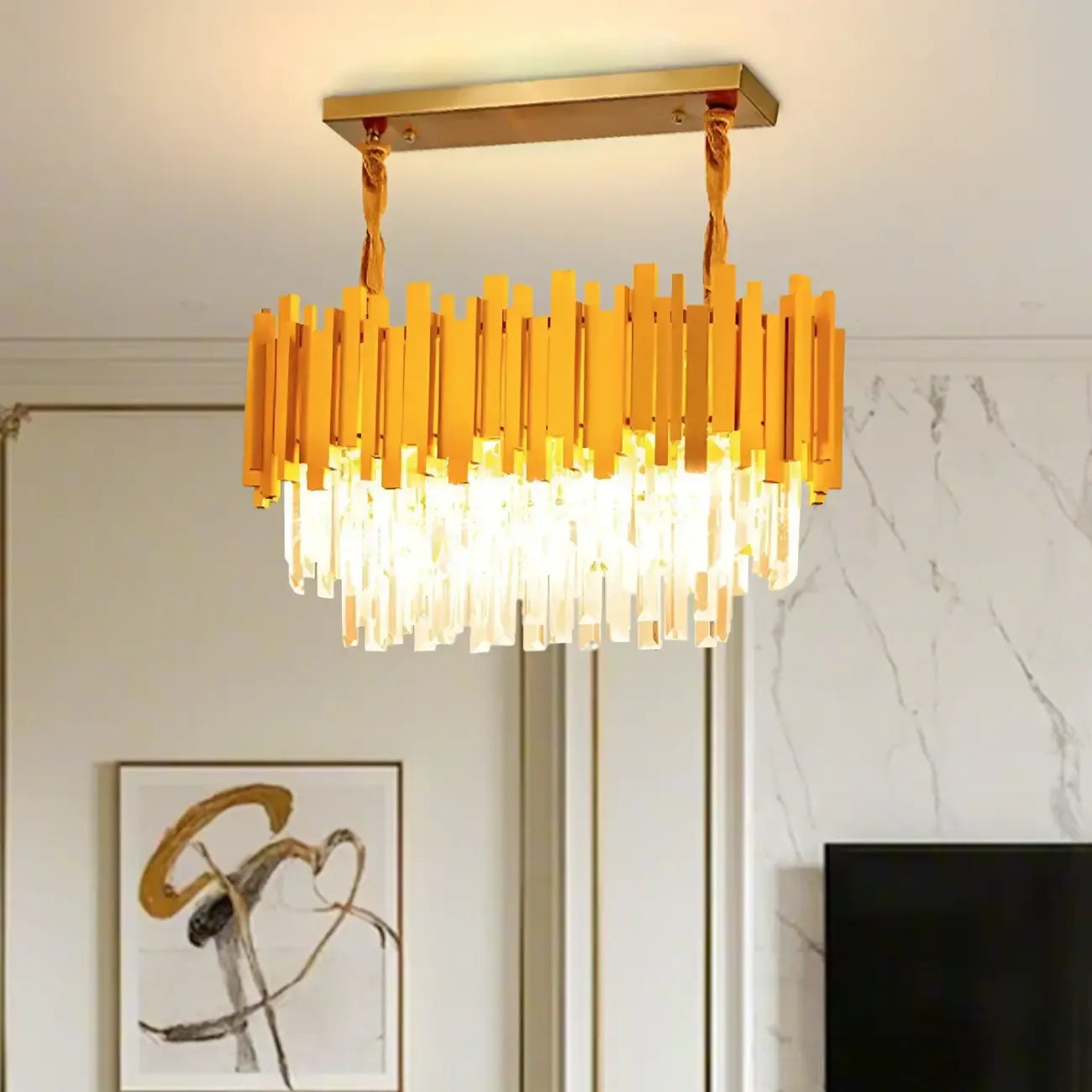 Lampada a sospensione a isola a 3 livelli con cristalli arancioni e LED per cucina