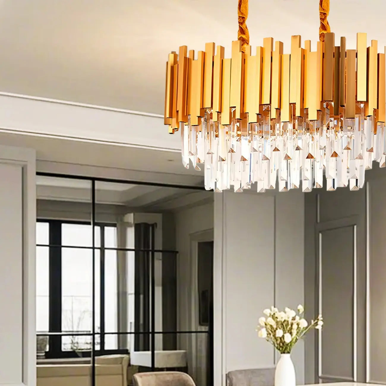 Lampada a sospensione a isola a 3 livelli con cristalli arancioni e LED per cucina