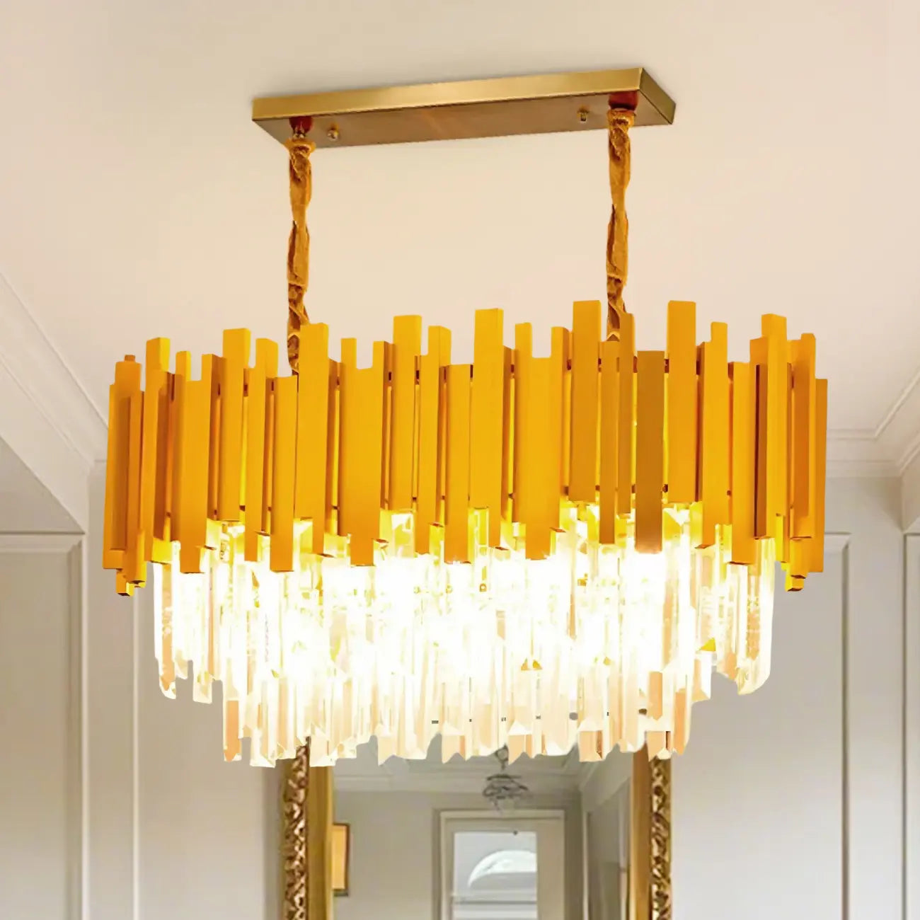 Lampada a sospensione a isola a 3 livelli con cristalli arancioni e LED per cucina