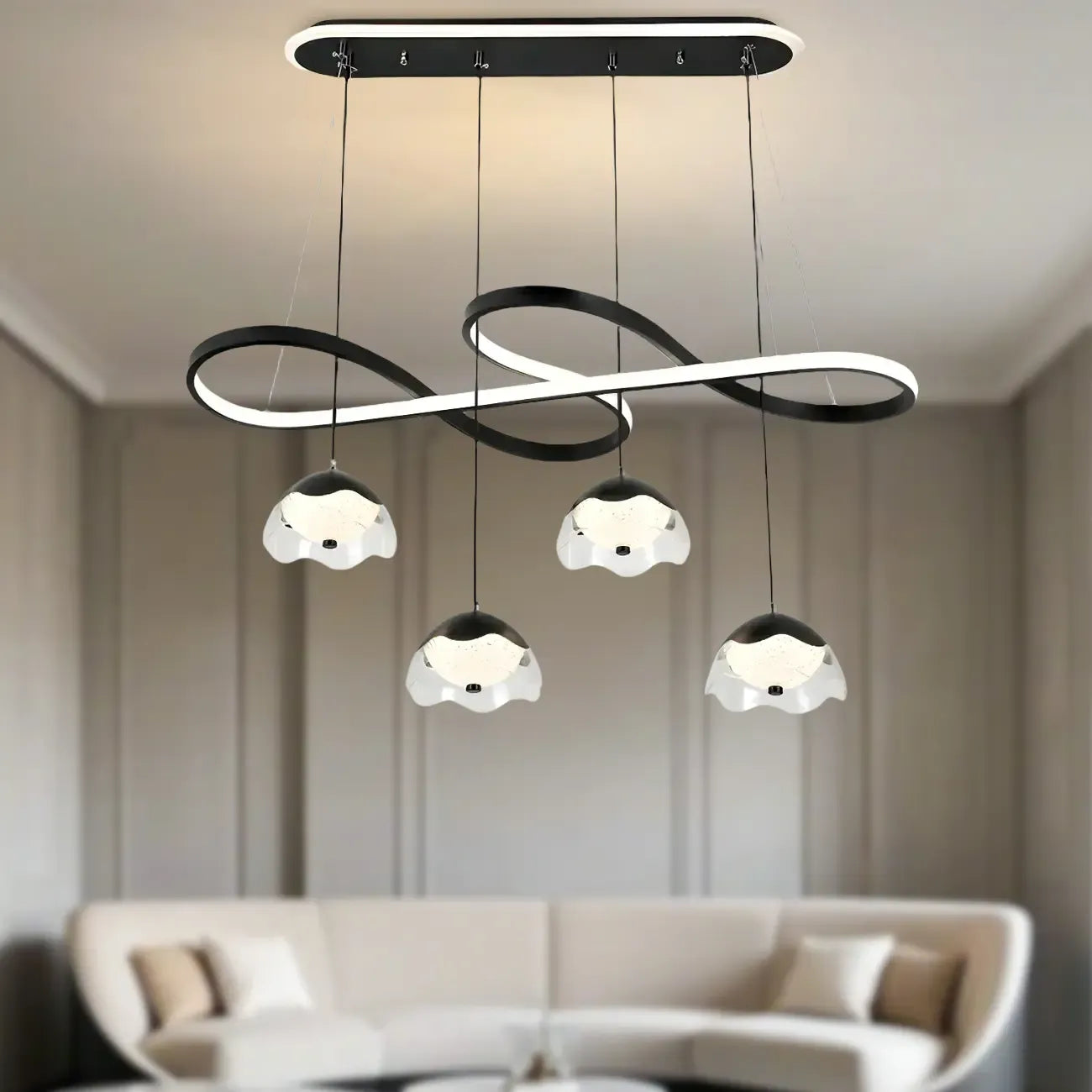 Lampadario a sospensione dimmerabile in metallo nero a 6 luci, 2 livelli, regolabile