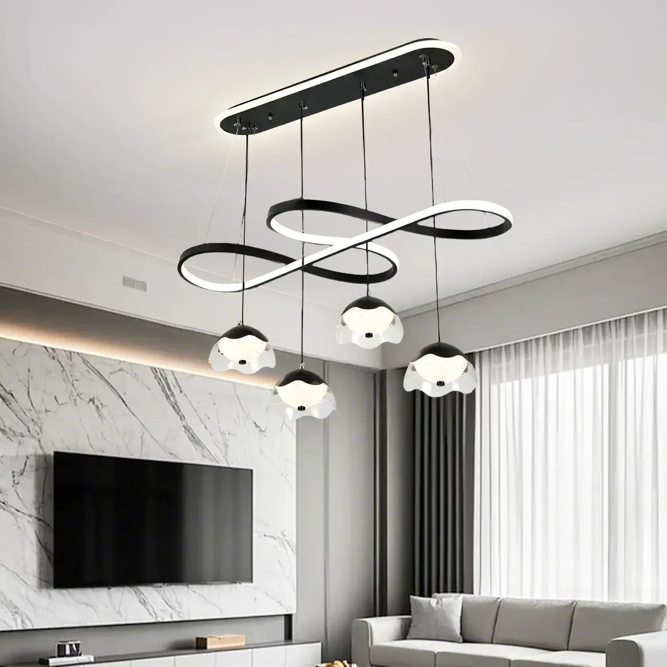 Lampadario a sospensione dimmerabile in metallo nero a 6 luci, 2 livelli, regolabile