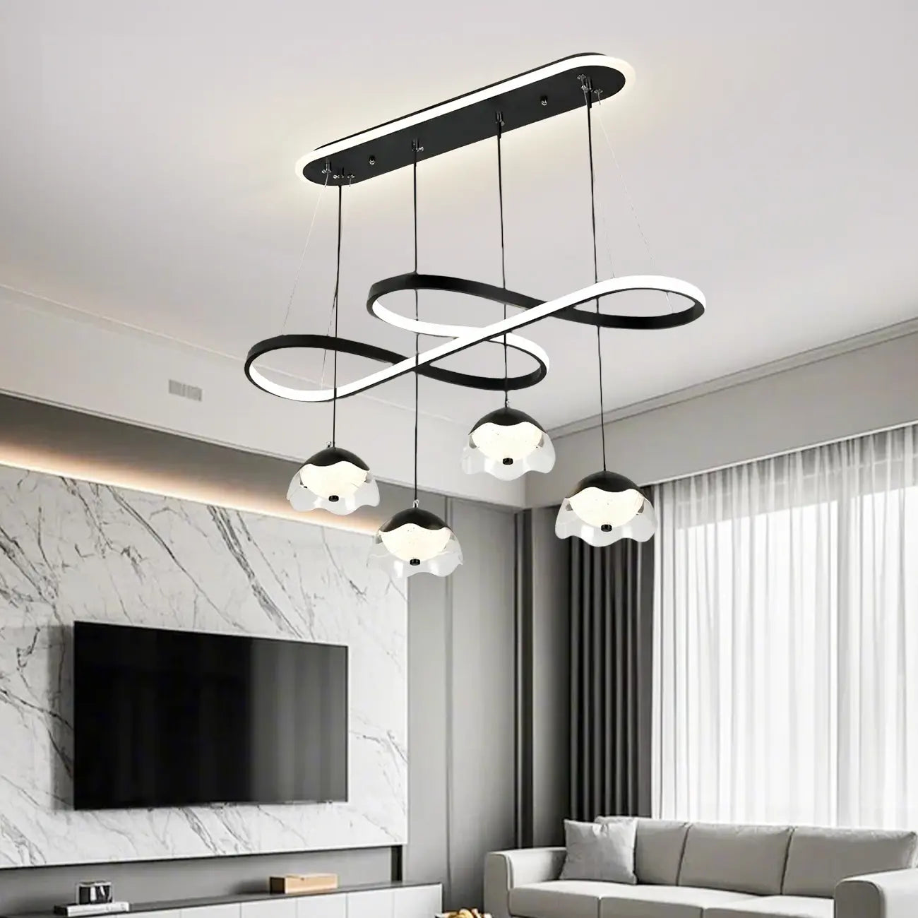 Lampadario a sospensione dimmerabile in metallo nero a 6 luci, 2 livelli, regolabile