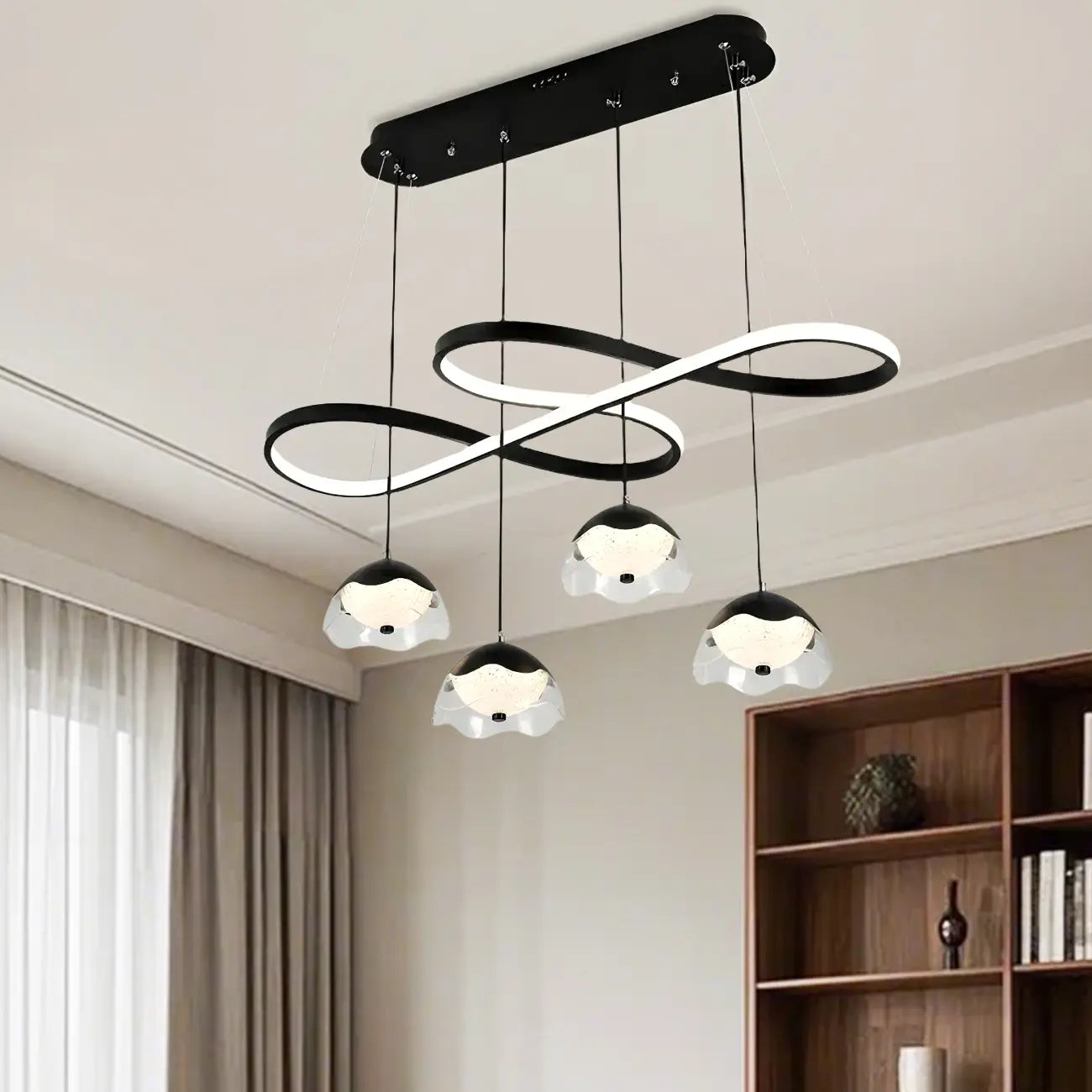 Lampadario a sospensione dimmerabile in metallo nero a 6 luci, 2 livelli, regolabile