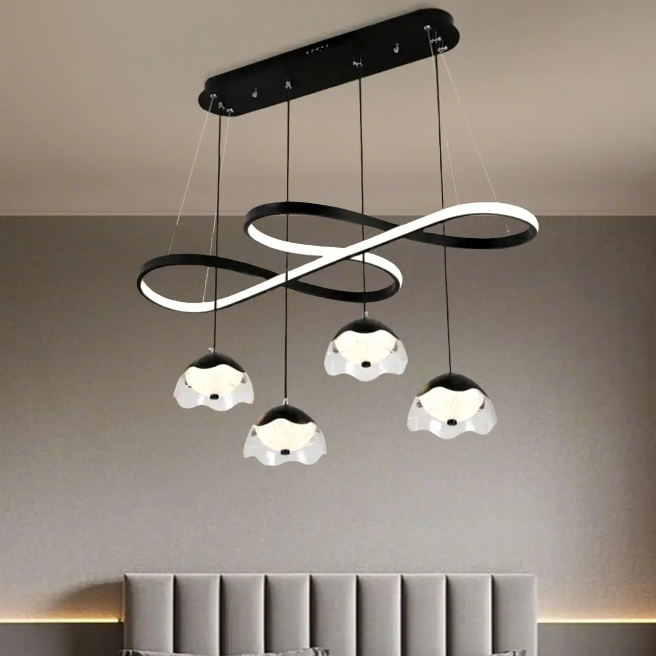 Lampadario a sospensione dimmerabile in metallo nero a 6 luci, 2 livelli, regolabile