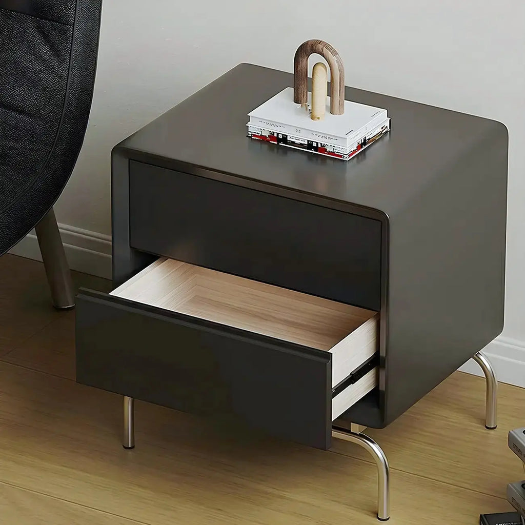 Table de chevet classique en bois noir à 2 tiroirs avec piètement en métal argenté