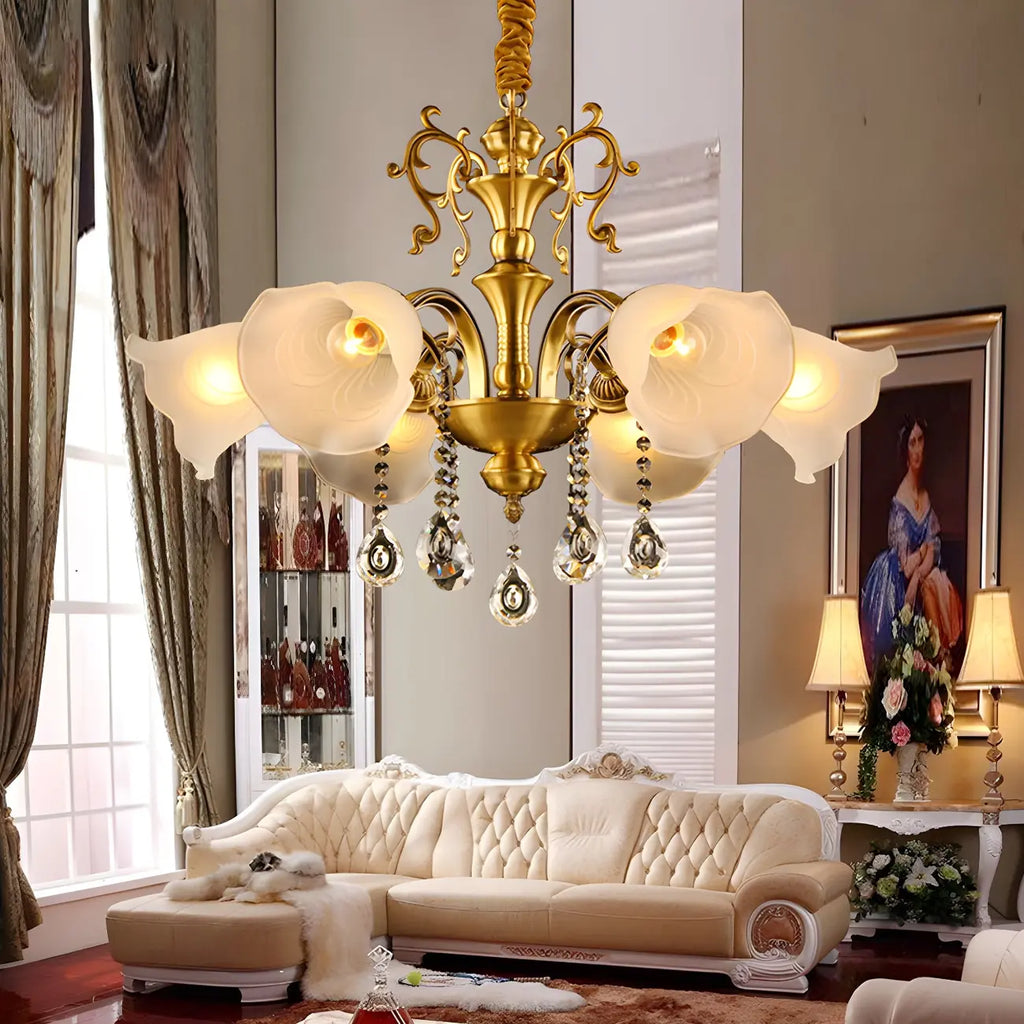Lustre en verre dépoli avec pendentif en cristal doré et fleur
