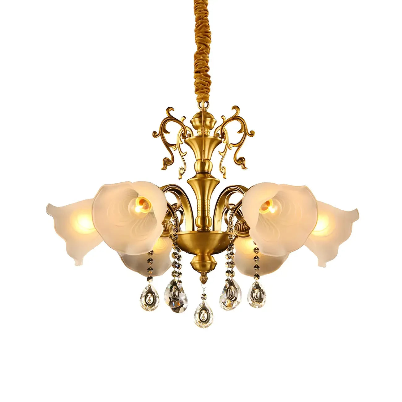 Lustre en verre dépoli avec pendentif en cristal doré et fleur