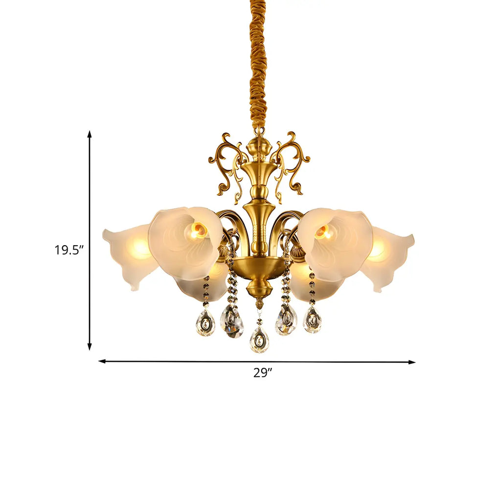 Lustre en verre dépoli avec pendentif en cristal doré et fleur