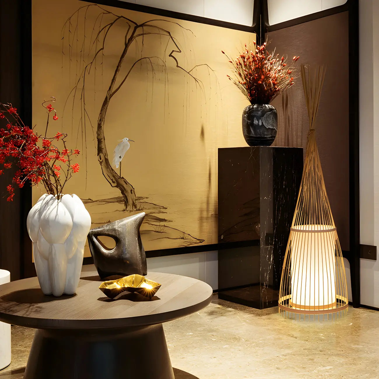 Abat-jour ovale rustique en bambou pour lampadaire de salon