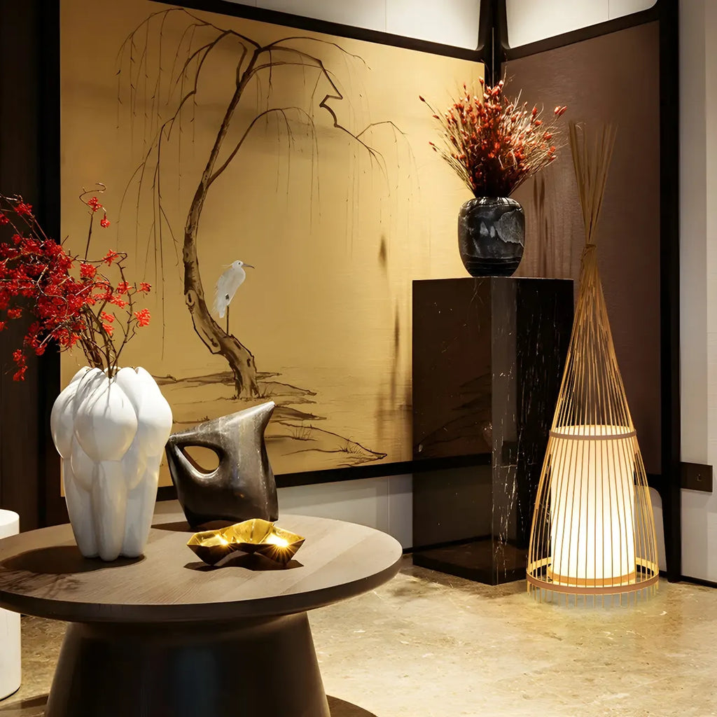 Abat-jour ovale rustique en bambou pour lampadaire de salon