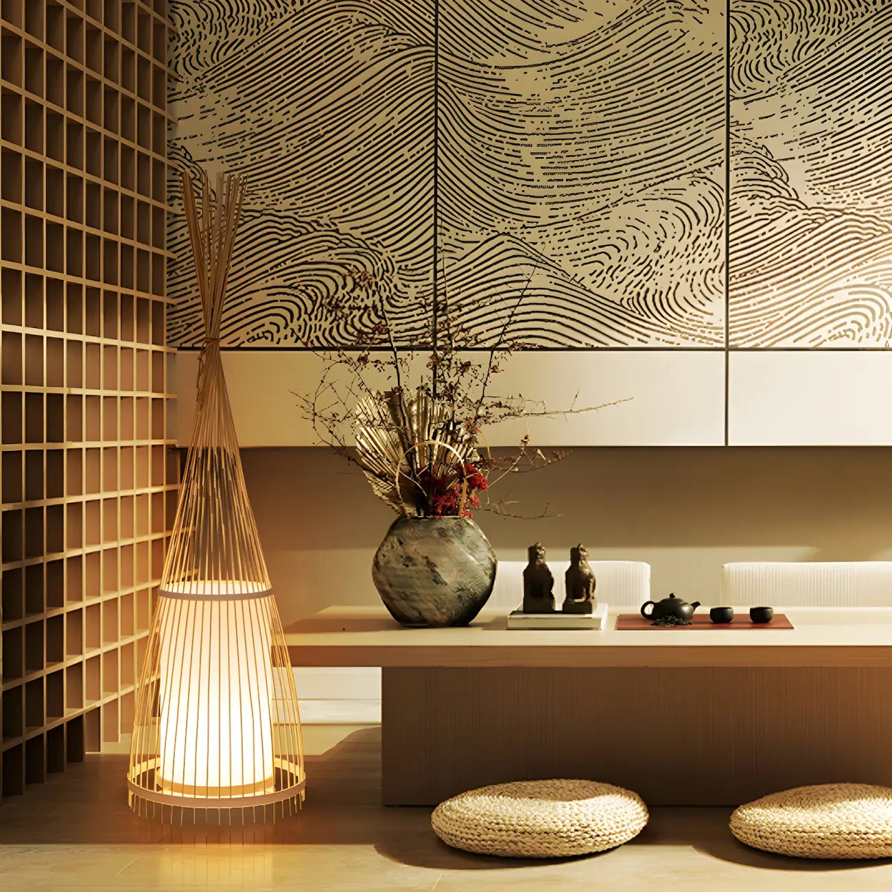 Abat-jour ovale rustique en bambou pour lampadaire de salon