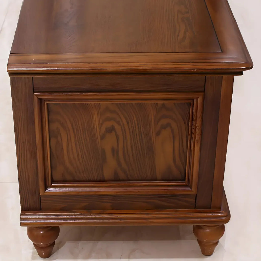 Meuble TV traditionnel long en bois brun avec gestion des câbles