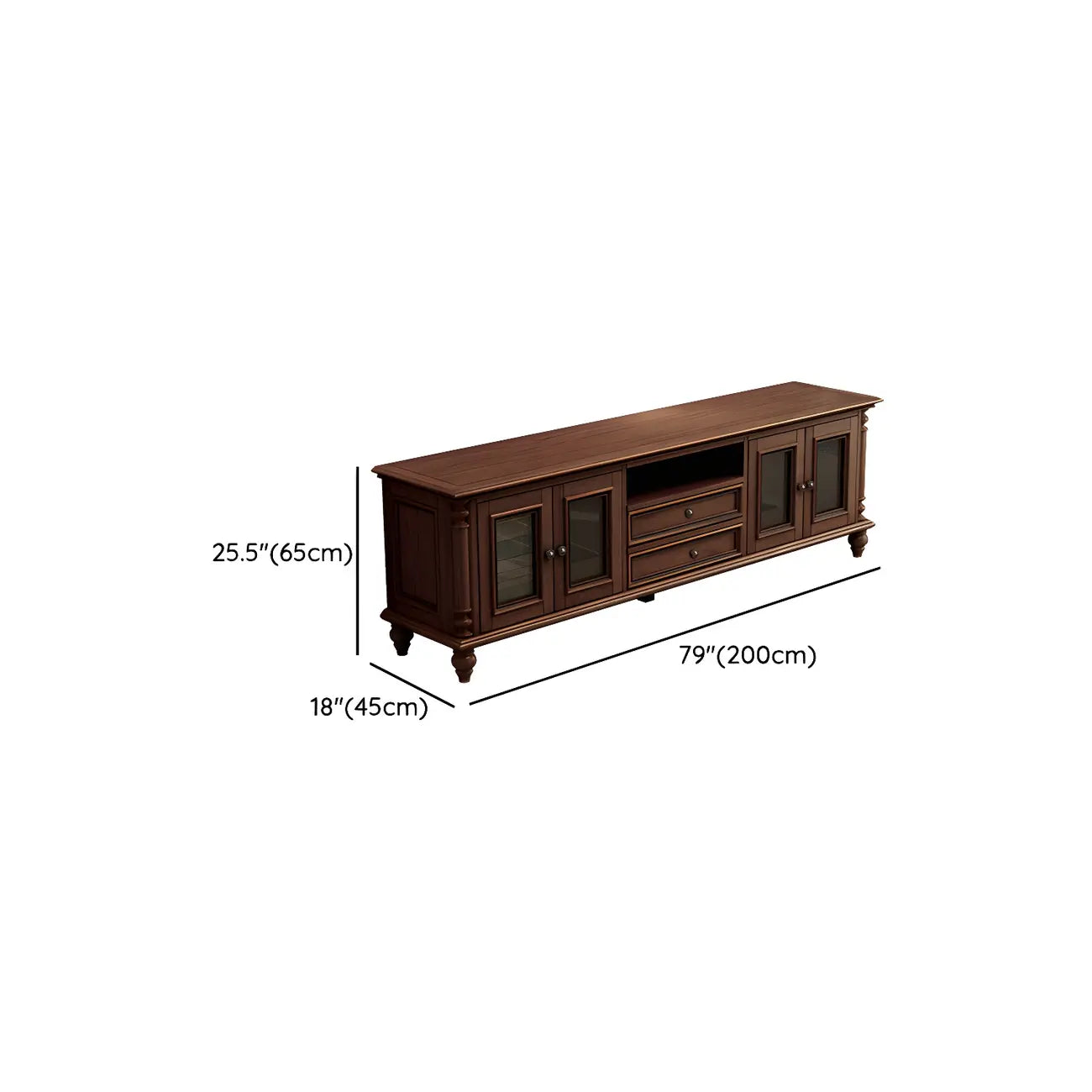 Meuble TV traditionnel long en bois brun avec gestion des câbles