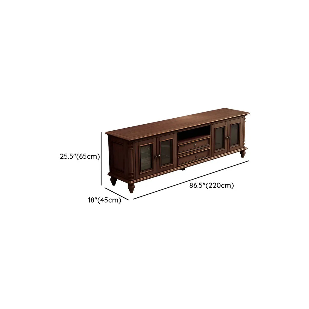 Meuble TV traditionnel long en bois brun avec gestion des câbles