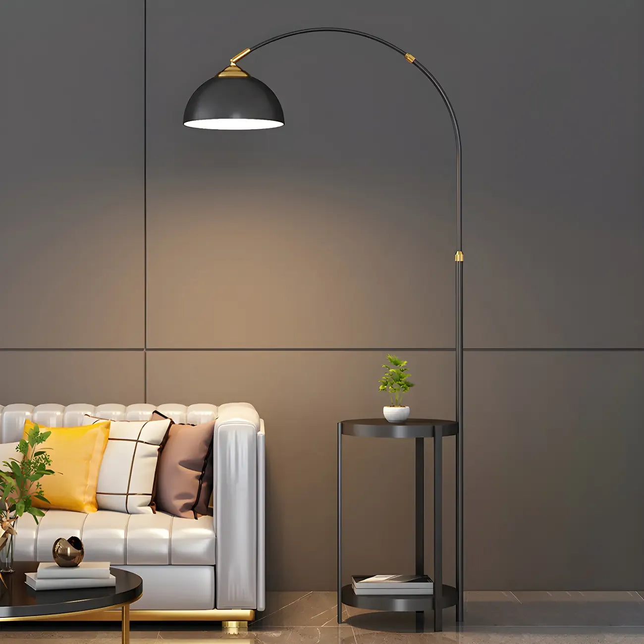 Lampadaire arqué moderne en métal à hauteur réglable avec étagère de rangement