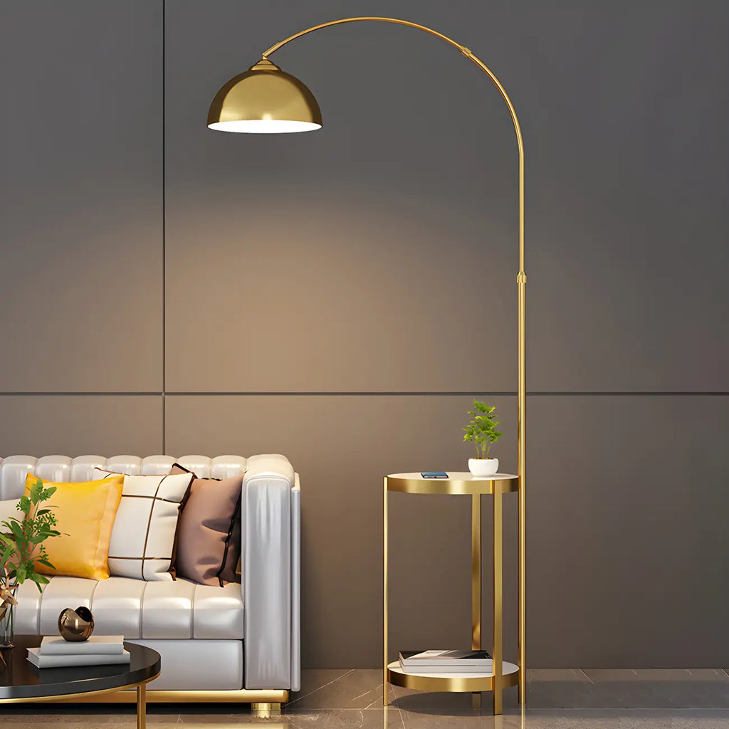 Lampadaire arqué moderne en métal à hauteur réglable avec étagère de rangement