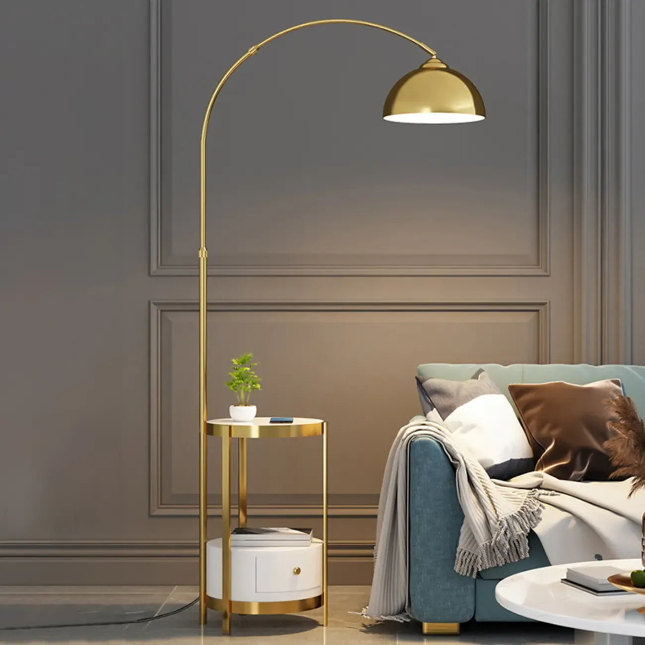 Lampadaire arqué moderne en métal à hauteur réglable avec étagère de rangement