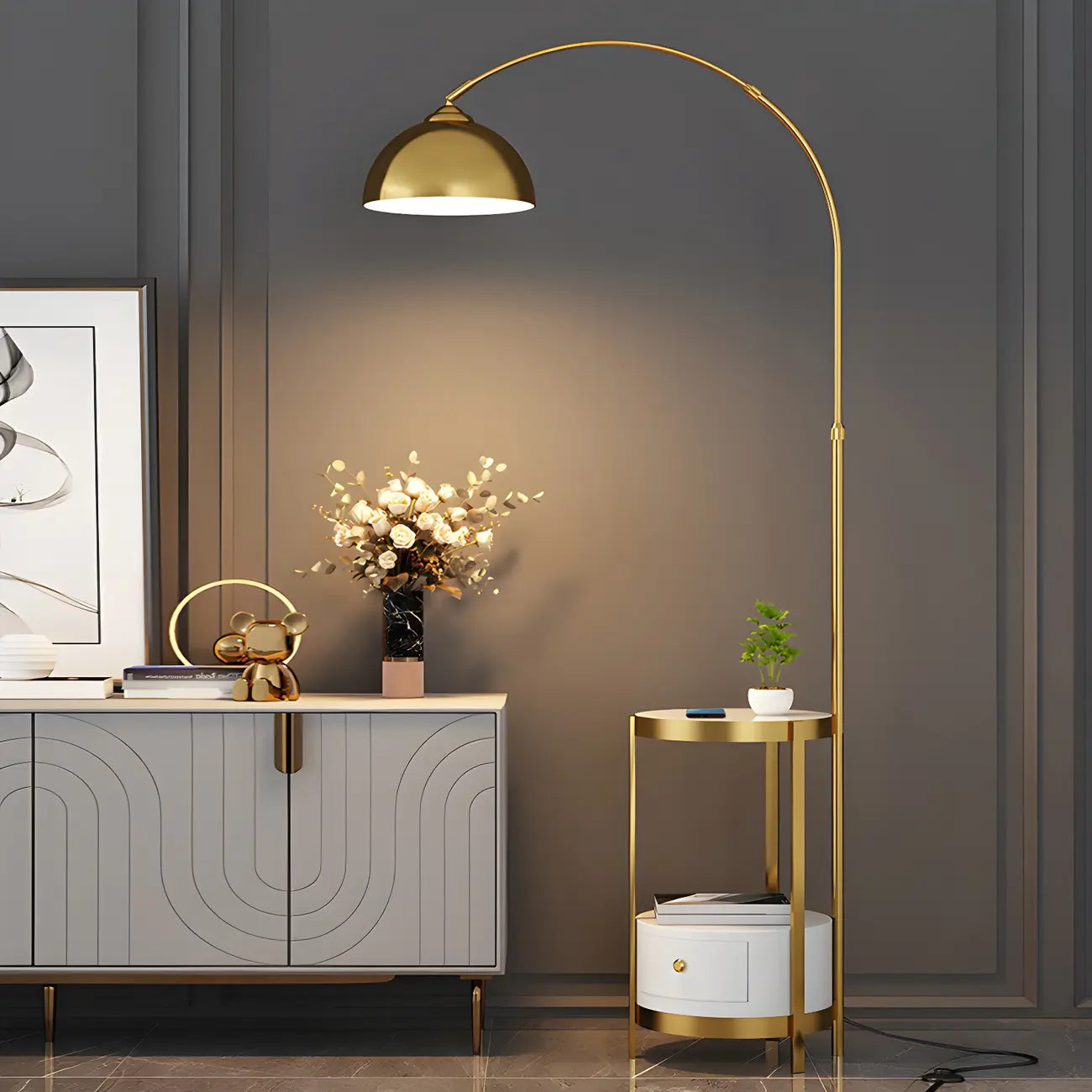 Lampadaire arqué moderne en métal à hauteur réglable avec étagère de rangement