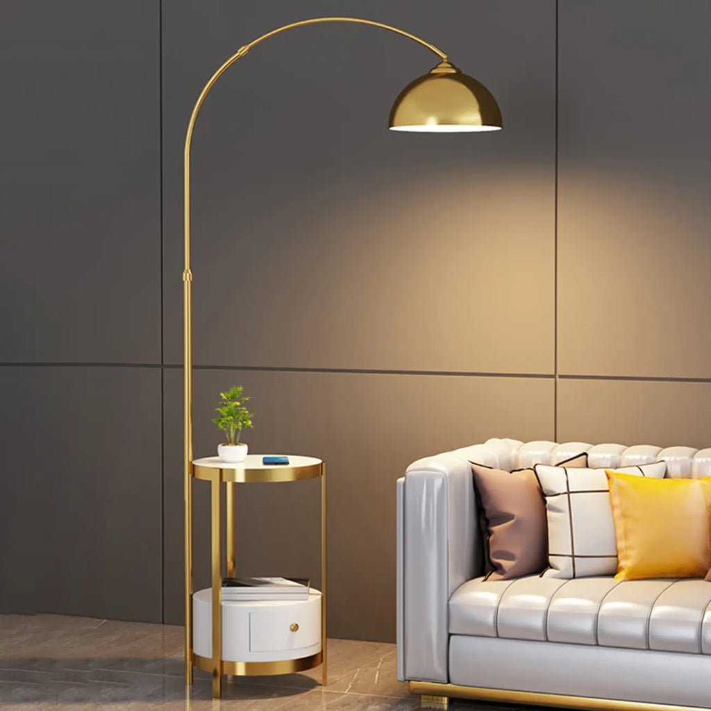 Lampadaire arqué moderne en métal à hauteur réglable avec étagère de rangement