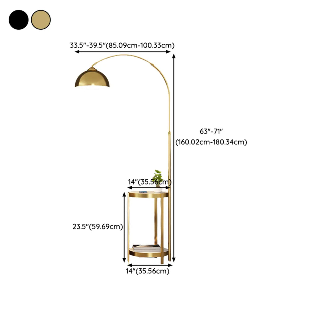 Lampadaire arqué moderne en métal à hauteur réglable avec étagère de rangement
