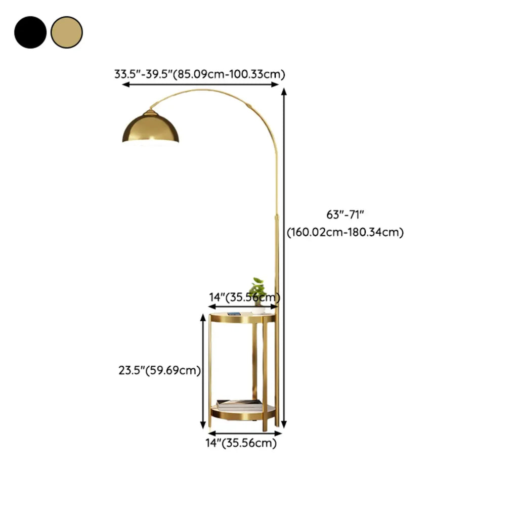 Lampadaire arqué moderne en métal à hauteur réglable avec étagère de rangement