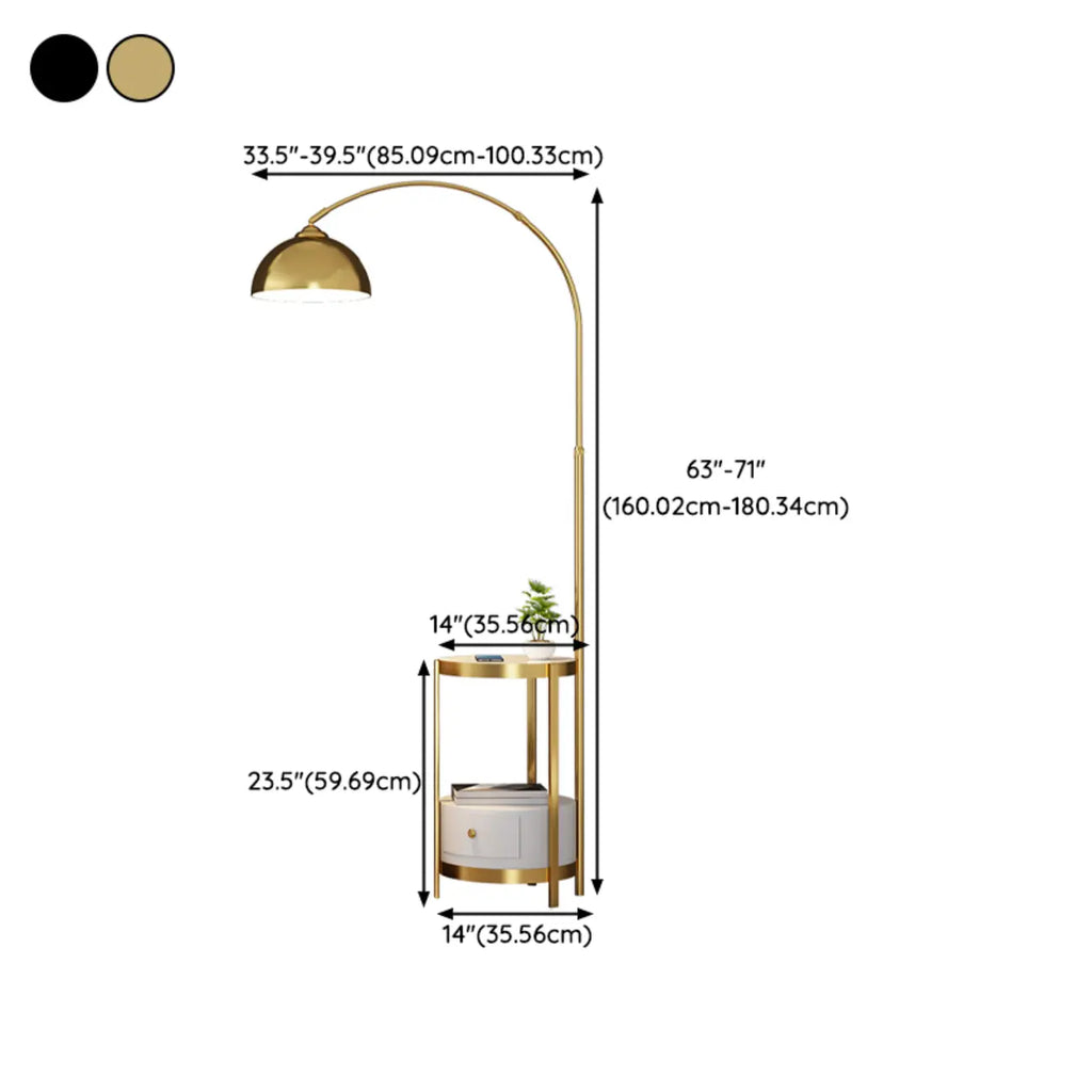 Lampadaire arqué moderne en métal à hauteur réglable avec étagère de rangement