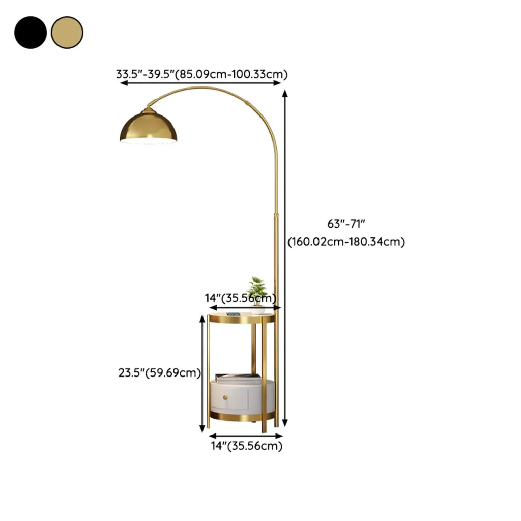 Lampadaire arqué moderne en métal à hauteur réglable avec étagère de rangement
