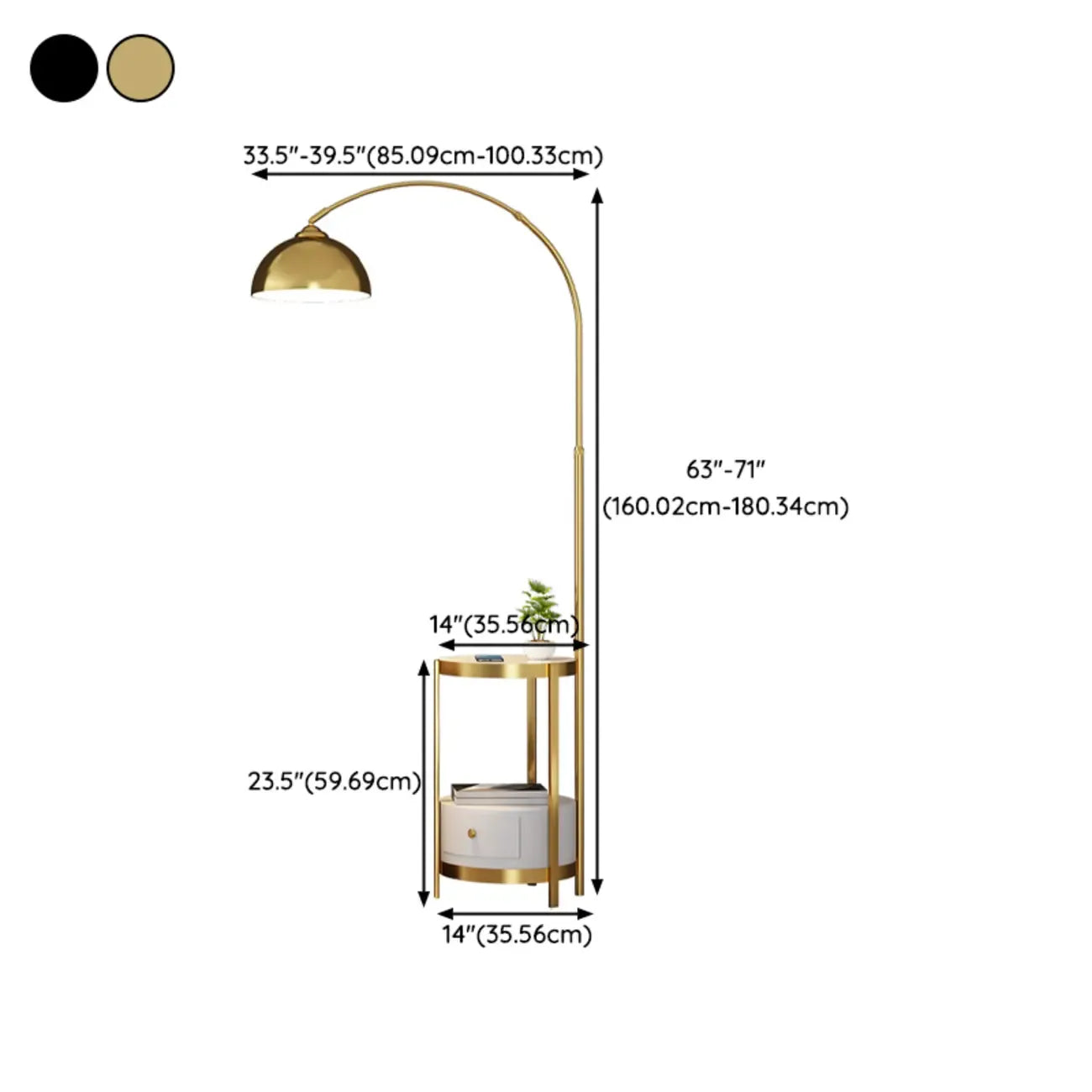 Lampadaire arqué moderne en métal à hauteur réglable avec étagère de rangement