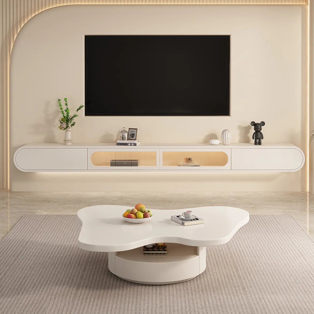 Mobile TV sospeso in legno beige da 94,5 con ante in vetro e luci LED