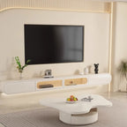 Mobile TV sospeso in legno beige da 94,5 con ante in vetro e luci LED