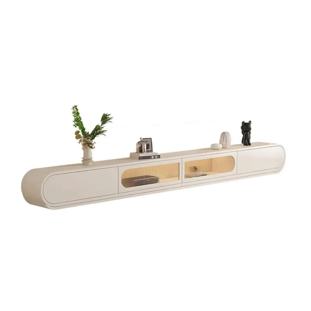 Mobile TV sospeso in legno beige da 94,5 con ante in vetro e luci LED