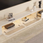 Mobile TV sospeso in legno beige da 94,5 con ante in vetro e luci LED