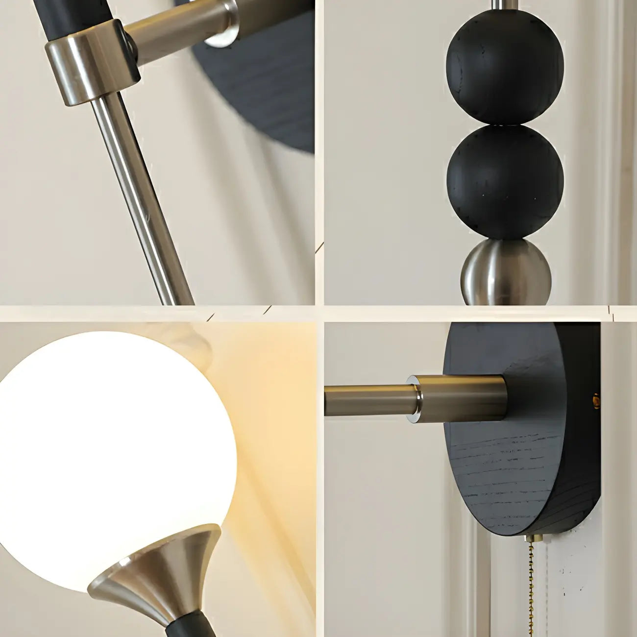 Applique murale moderne noire à globe avec abat-jour en verre blanc