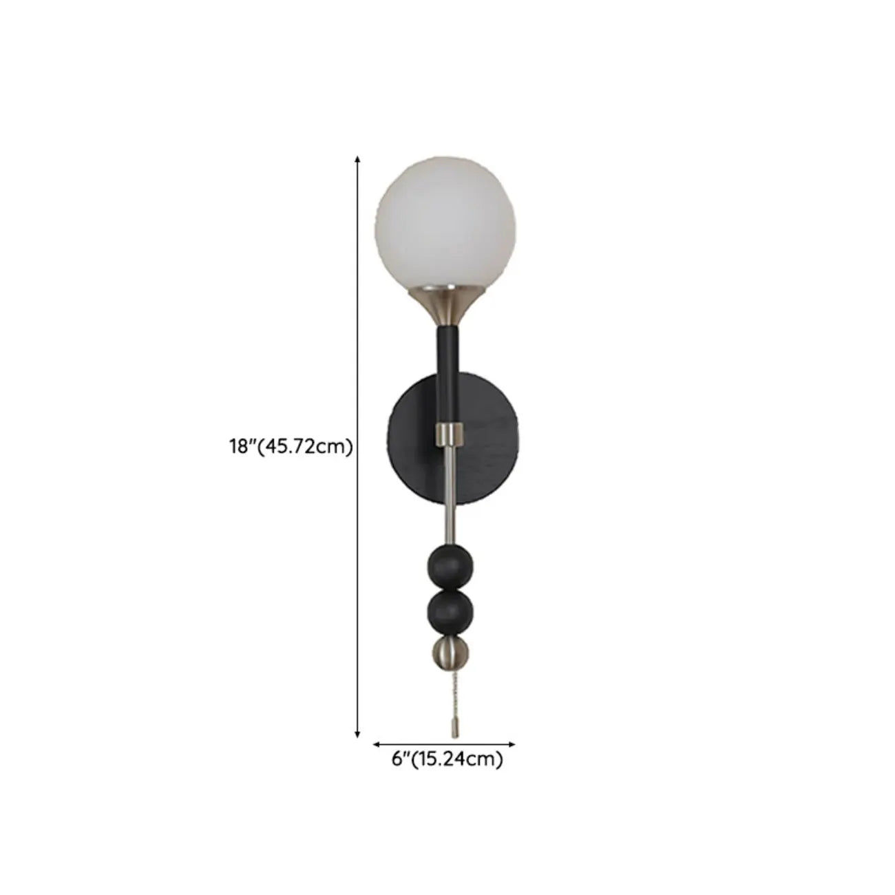 Applique murale moderne noire à globe avec abat-jour en verre blanc