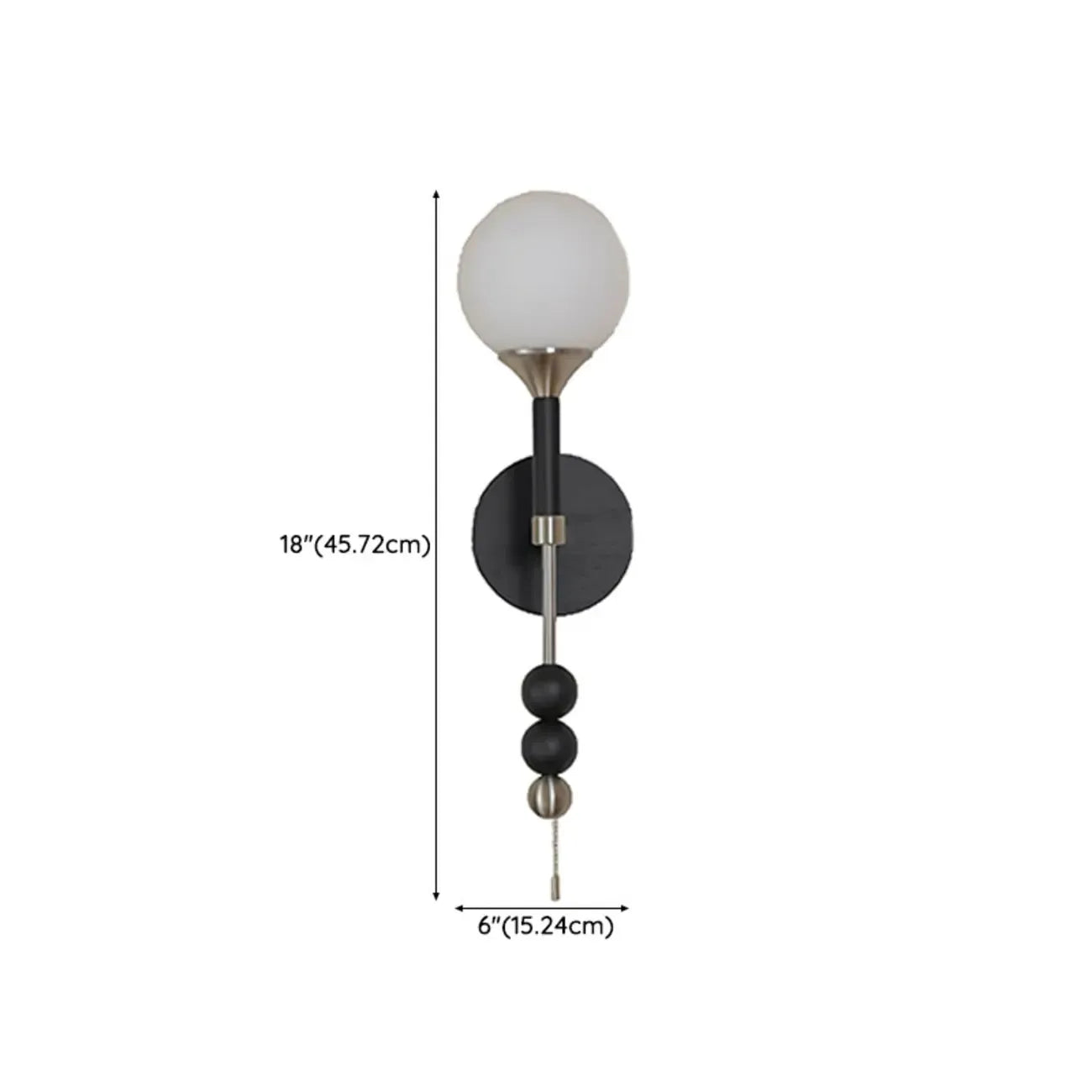Applique murale moderne noire à globe avec abat-jour en verre blanc