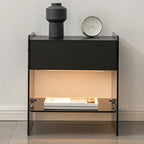 Table de chevet étroite avec étagère en verre noir à 2 niveaux et tiroir de rangement
