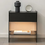 Table de chevet étroite avec étagère en verre noir à 2 niveaux et tiroir de rangement
