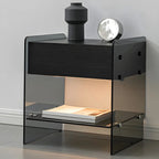 Table de chevet étroite avec étagère en verre noir à 2 niveaux et tiroir de rangement