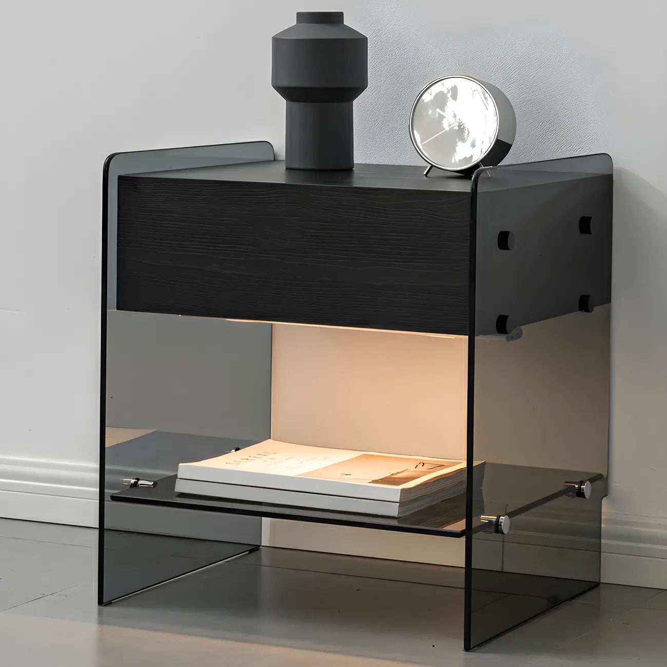 Table de chevet étroite avec étagère en verre noir à 2 niveaux et tiroir de rangement