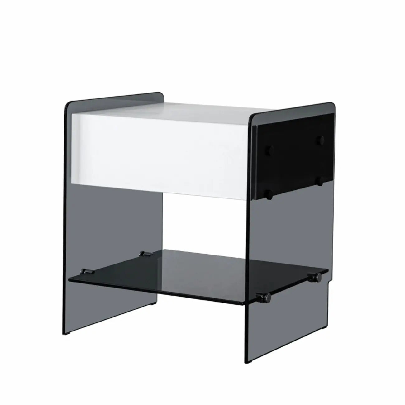 Table de chevet étroite avec étagère en verre noir à 2 niveaux et tiroir de rangement