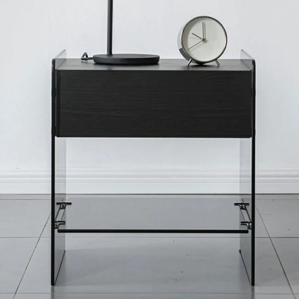 Table de chevet étroite avec étagère en verre noir à 2 niveaux et tiroir de rangement