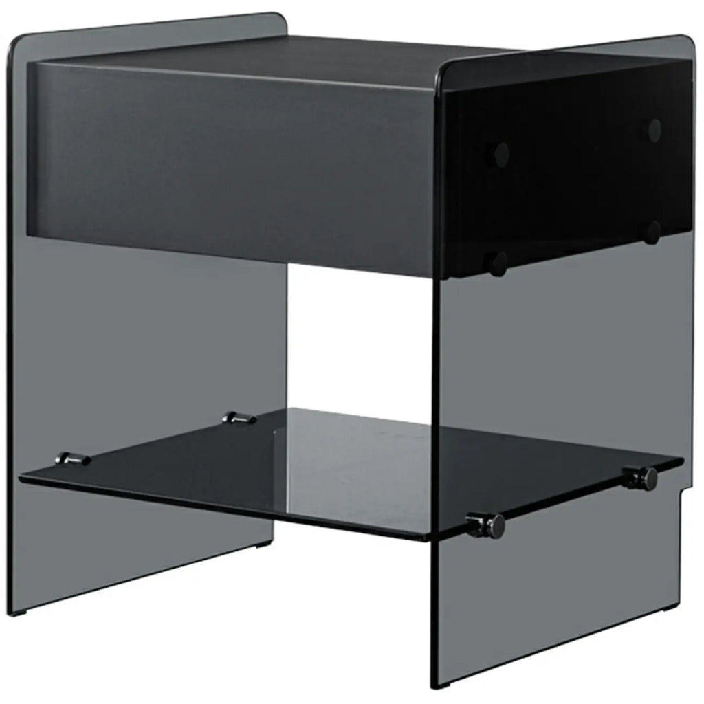 Table de chevet étroite avec étagère en verre noir à 2 niveaux et tiroir de rangement