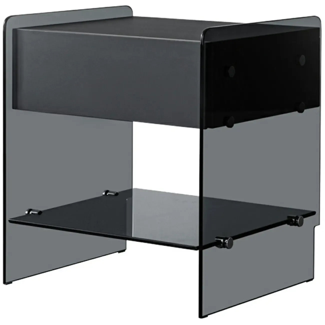 Table de chevet étroite avec étagère en verre noir à 2 niveaux et tiroir de rangement