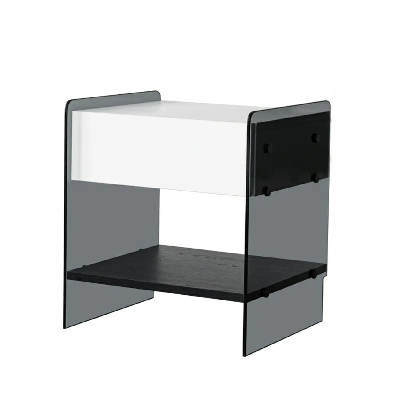 Table de chevet étroite avec étagère en verre noir à 2 niveaux et tiroir de rangement