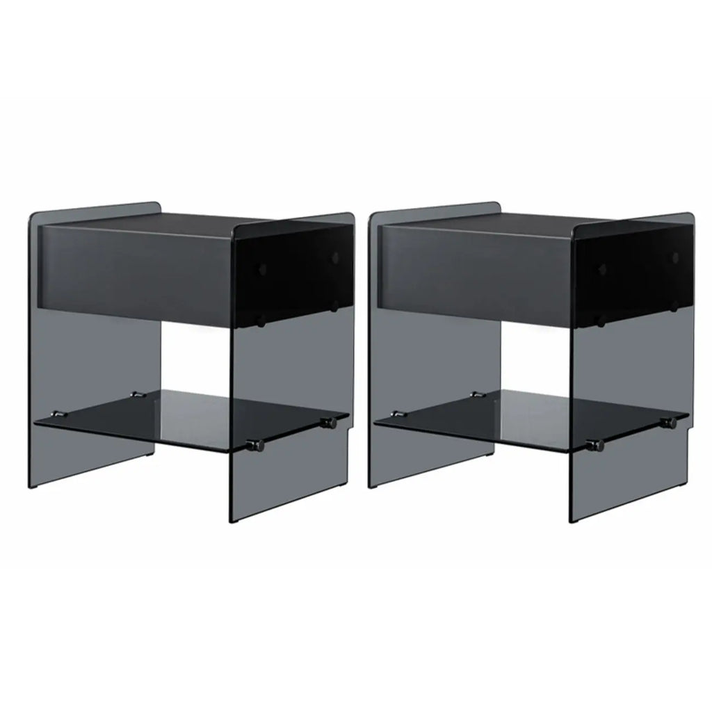 Table de chevet étroite avec étagère en verre noir à 2 niveaux et tiroir de rangement