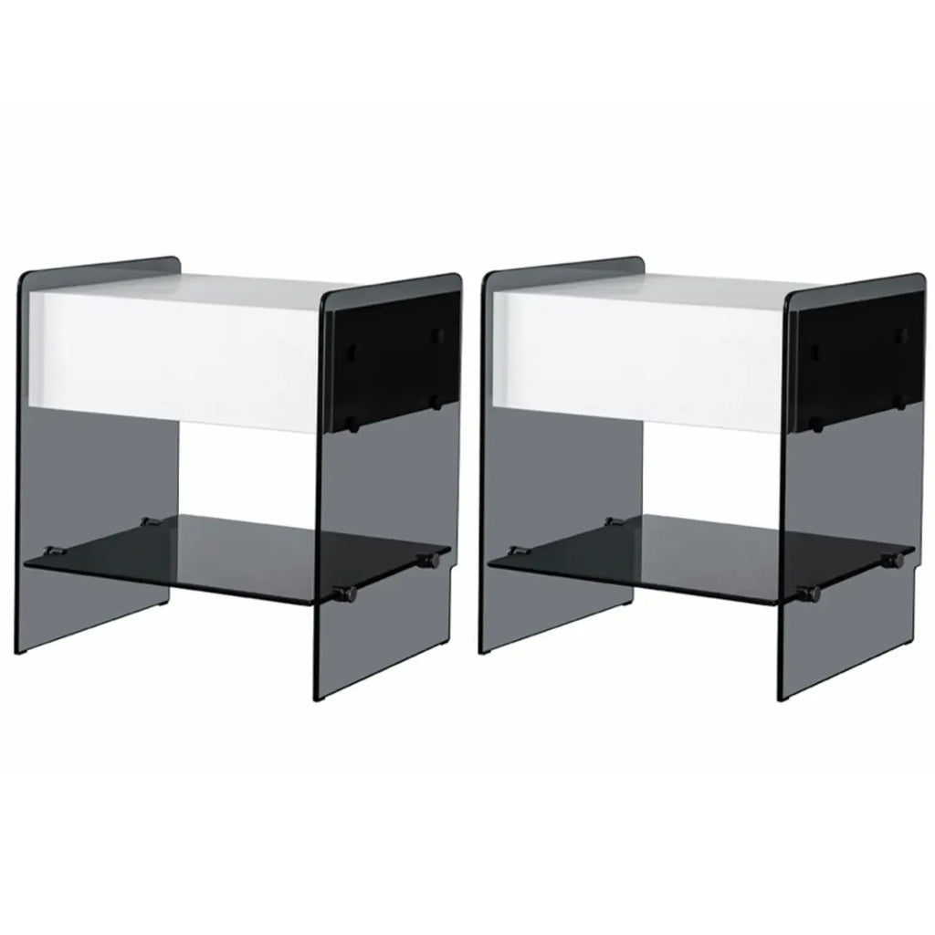 Table de chevet étroite avec étagère en verre noir à 2 niveaux et tiroir de rangement