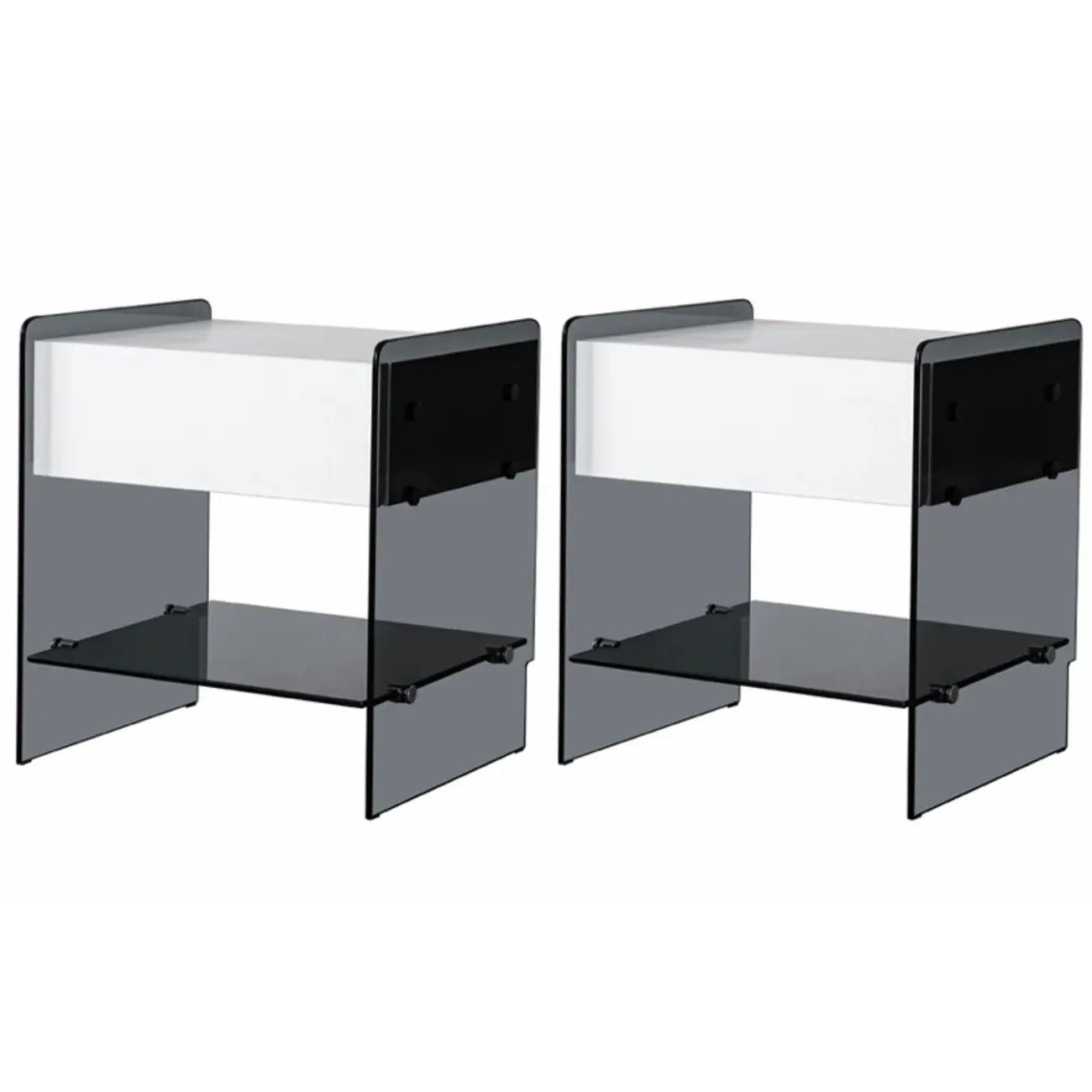 Table de chevet étroite avec étagère en verre noir à 2 niveaux et tiroir de rangement