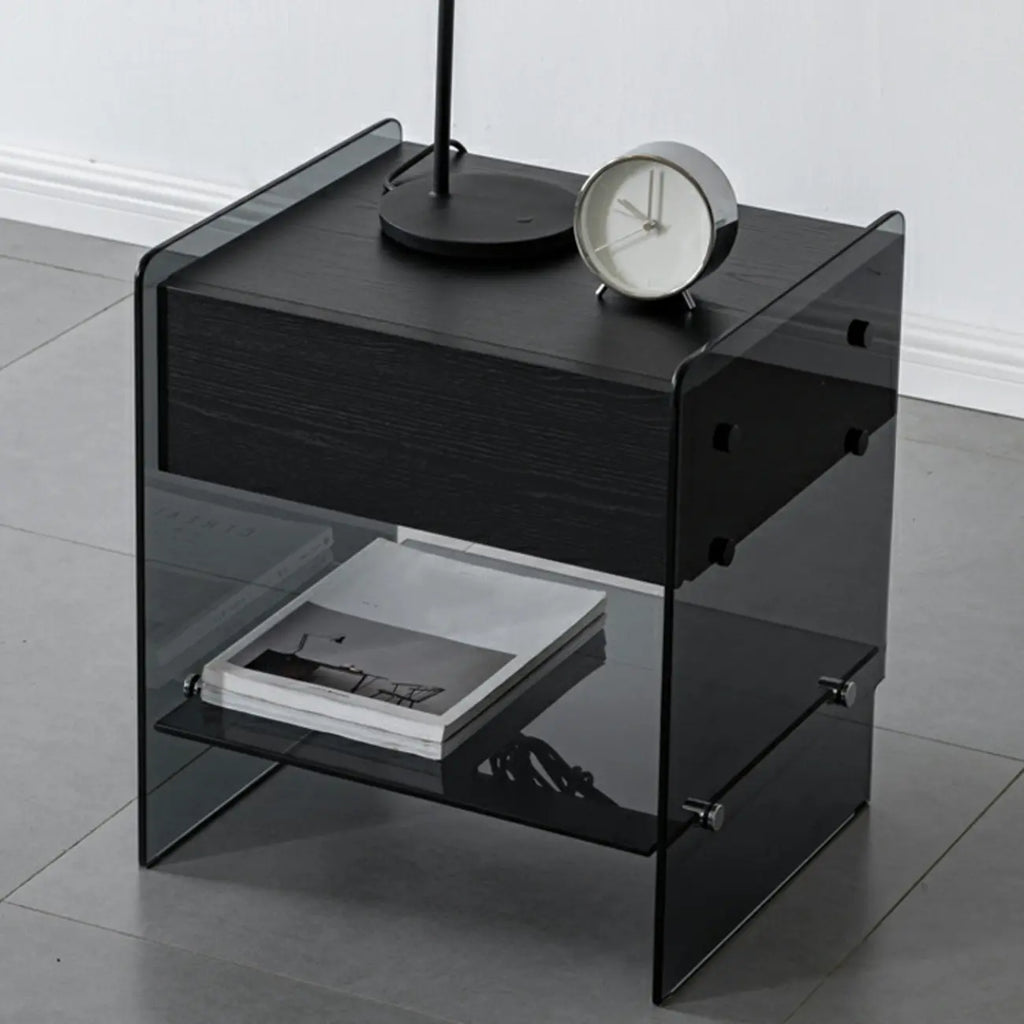 Table de chevet étroite avec étagère en verre noir à 2 niveaux et tiroir de rangement