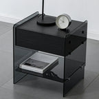 Table de chevet étroite avec étagère en verre noir à 2 niveaux et tiroir de rangement