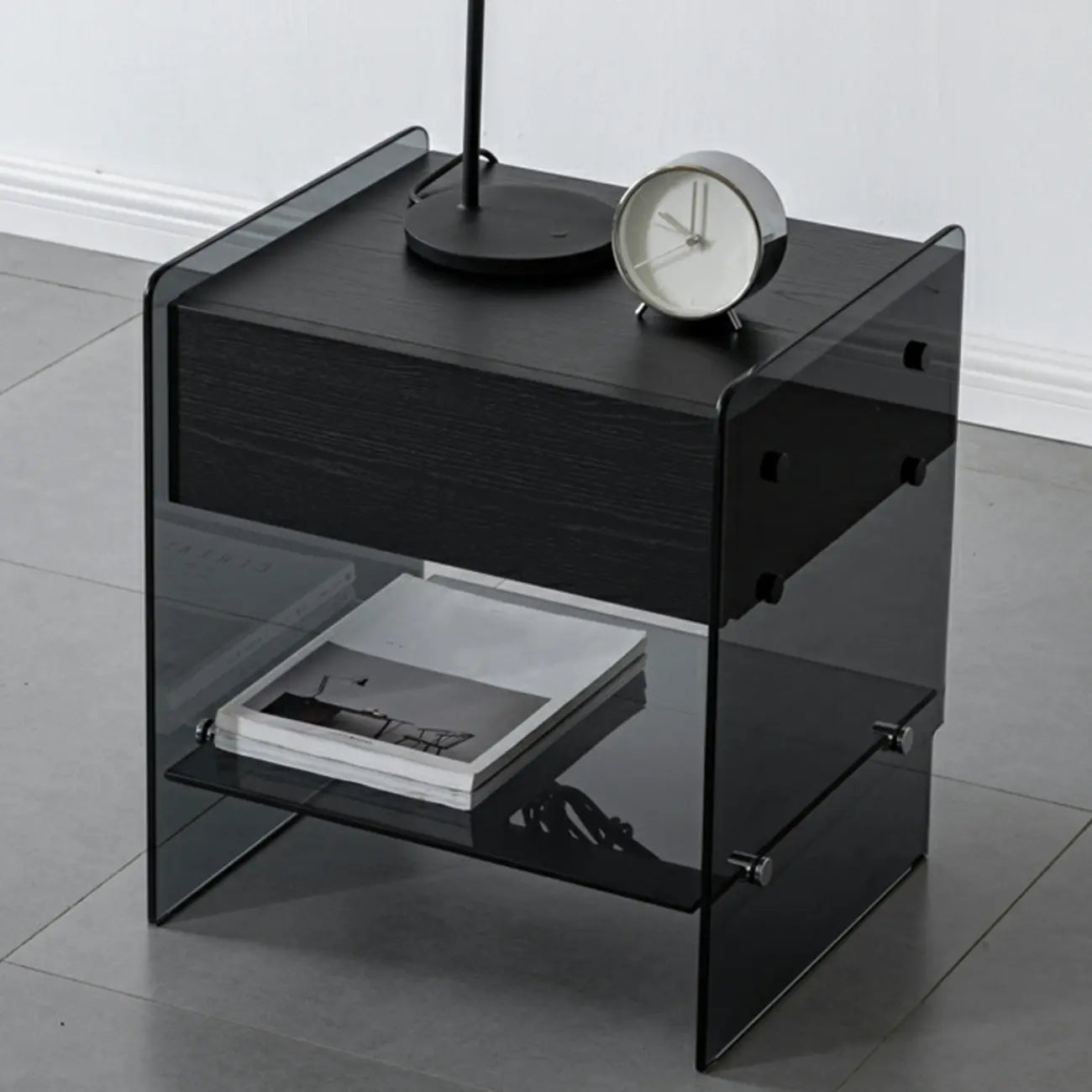 Table de chevet étroite avec étagère en verre noir à 2 niveaux et tiroir de rangement